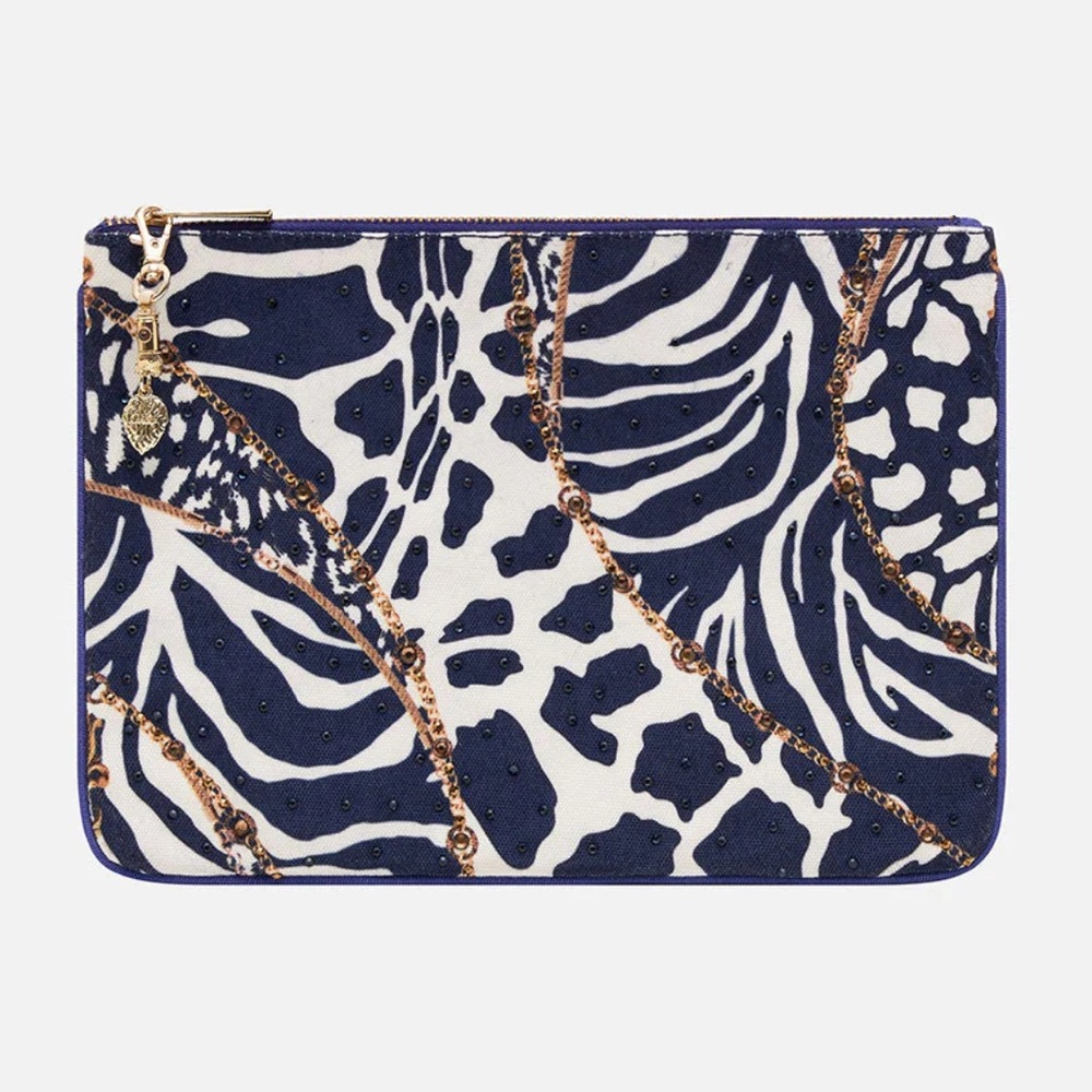 CAMILLA *Wheres Your Head At* blue white giraffe print clutch bag pouch sac